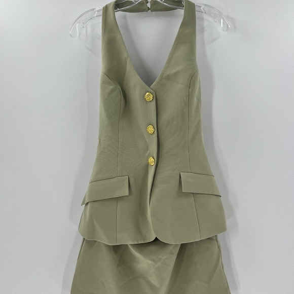 RARE LONDON TAILORED HALTERED GOLD BUTTON VEST DETAIL MINI DRESS IN OLIVE GREEN - Picture 1 of 10